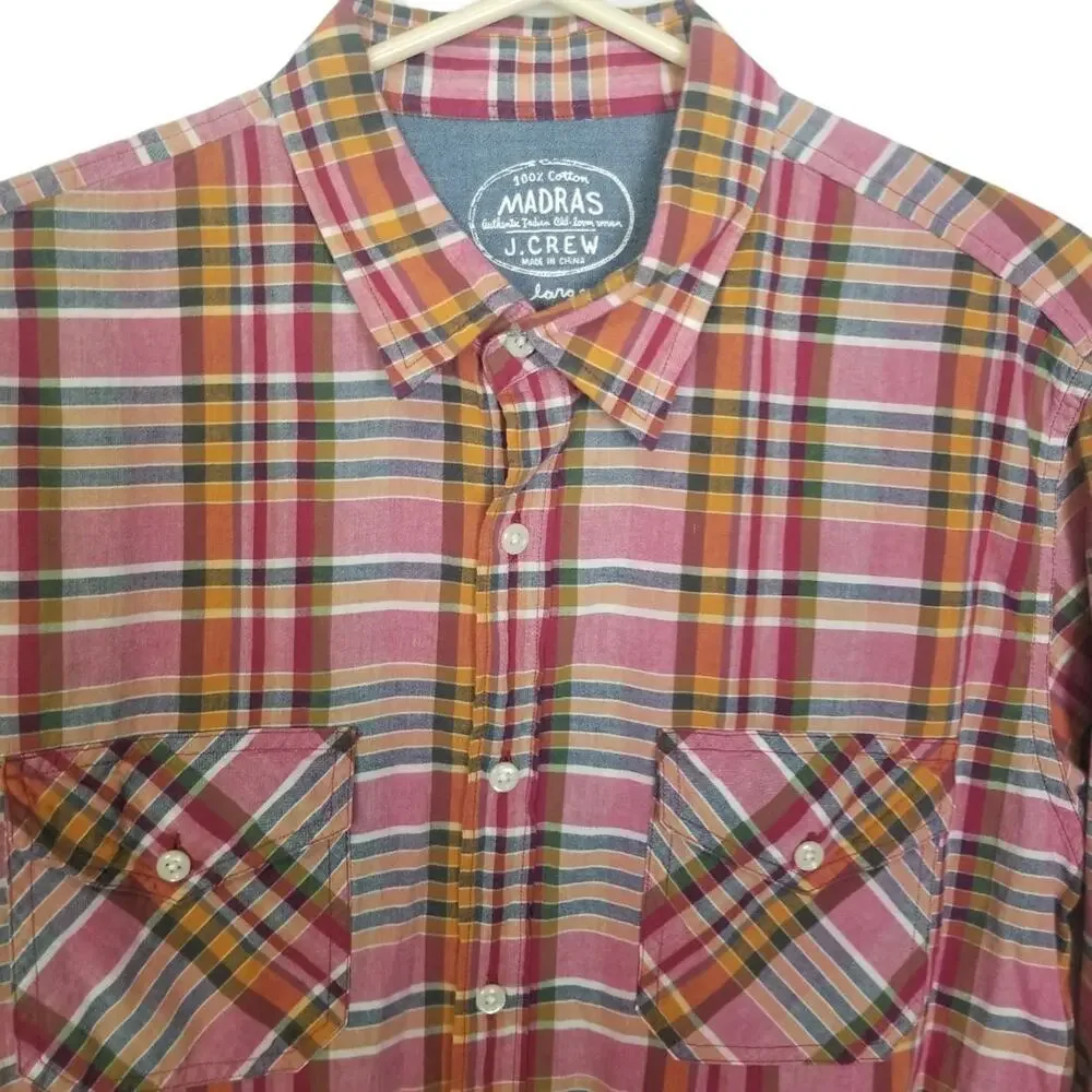 J. Crew Mens Madras Plaid Button Shirt Sz L Preppy Classic Weekend Vibes Casual